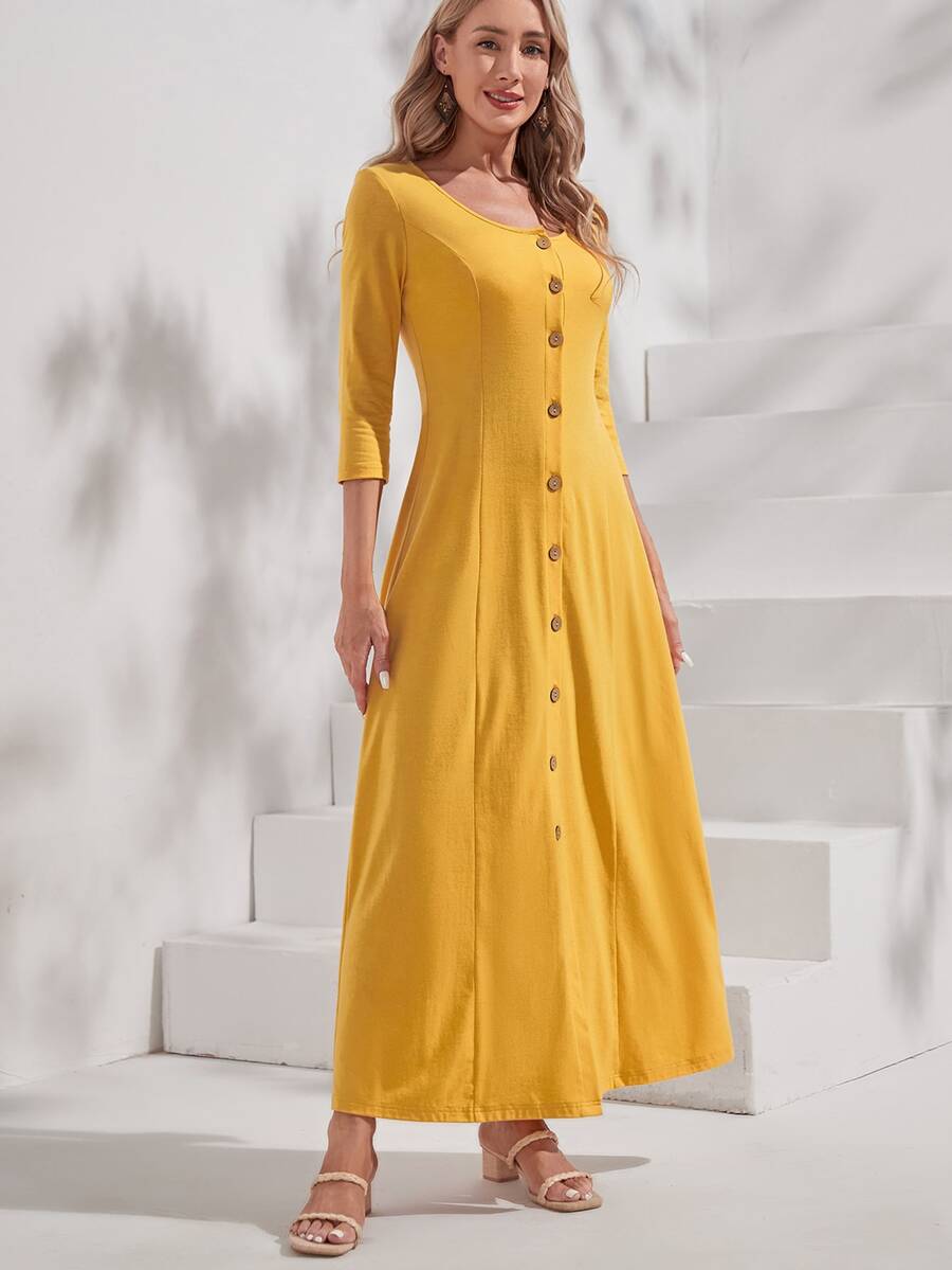 EMERY ROSE Button Front Scoop Neck Dress - Mustard Yellow - View 1