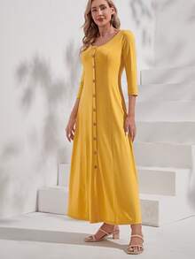 EMERY ROSE Button Front Scoop Neck Dress - Mustard Yellow - View 6