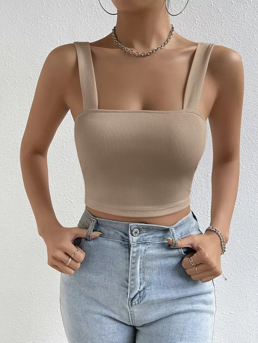 SHEIN Essnce 素色短款背心 - 卡其色 - 查看 1