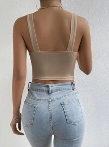 SHEIN Essnce 素色短款背心 - 卡其色 - 查看 2