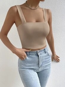 SHEIN Essnce 素色短款背心 - 卡其色 - 查看 5