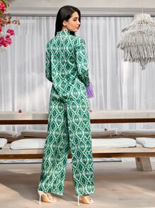 Mulvari Allover Print Fringe Trim Shirt & Wide Leg Trousers - Green - View 5