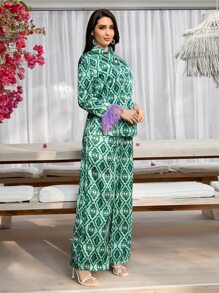 Mulvari Allover Print Fringe Trim Shirt & Wide Leg Trousers - Green - View 6