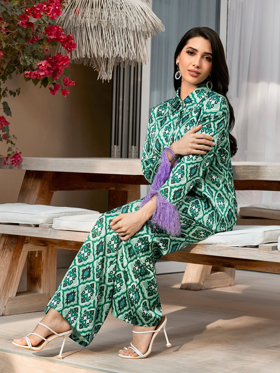 Mulvari Camisa con estampado ribete con fleco & Pantalones de pierna ancha - Verde - Ver 1