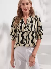 EMERY ROSE Allover Print Notched Neckline Puff Sleeve Blouse - Multicolor - View 1