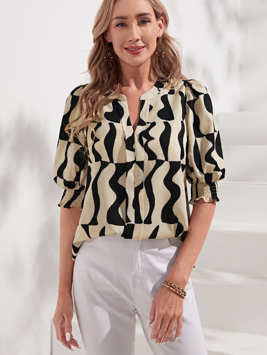 EMERY ROSE Allover Print Notched Neckline Puff Sleeve Blouse - Multicolor - View 1