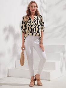 EMERY ROSE Allover Print Notched Neckline Puff Sleeve Blouse - Multicolor - View 5