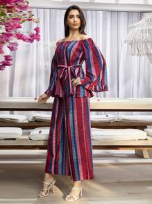 Modelyn Off Shoulder Striped Top & Skirt - Multicolor - View 5