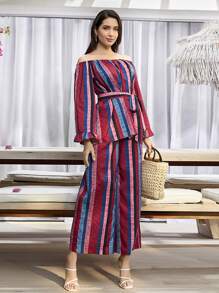 Modelyn Off Shoulder Striped Top & Skirt - Multicolor - View 6