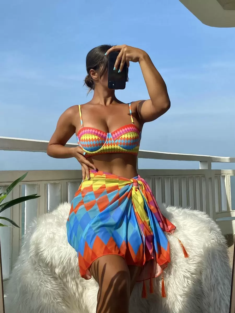 地理圖案加厚款夏季沙灘比基尼套裝搭配沙灘裙 - 彩色 - 查看 1