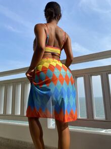 地理圖案加厚款夏季沙灘比基尼套裝搭配沙灘裙 - 彩色 - 查看 2
