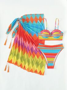 地理圖案加厚款夏季沙灘比基尼套裝搭配沙灘裙 - 彩色 - 查看 5