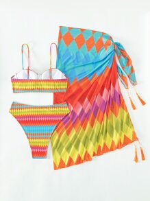 地理圖案加厚款夏季沙灘比基尼套裝搭配沙灘裙 - 彩色 - 查看 6