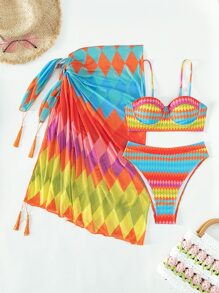 地理圖案加厚款夏季沙灘比基尼套裝搭配沙灘裙 - 彩色 - 查看 7