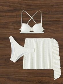 SHEIN Swim 紋理質感比基尼套裝交叉文胸和泳衣下裝和沙灘裙3入組泳衣 - 米色 - 查看 5