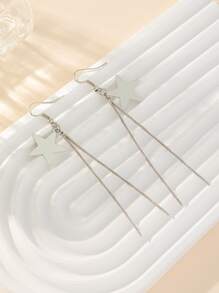 Bông tai thả tua rua hình ngôi sao & kim loại - Bạc - Xem 1