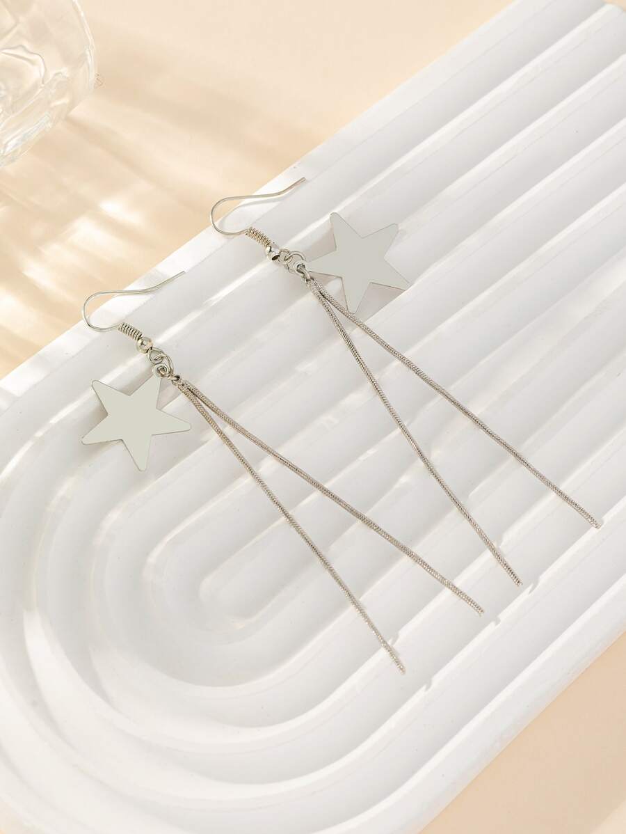 Bông tai thả tua rua hình ngôi sao & kim loại - Bạc - Xem 1