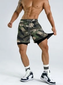 Manfinity Fitness Boyfriend Style Men Camo Print Drawstring Waist 2 In 1 Sports Shorts Gym Shorts Jogger Shorts Camo Shorts Gym Shorts For Men Gym Shorts Running Shorts For Gym Shorts Sweat Pants - Multicolor - View 1