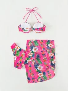 熱帶印花露背夏季沙灘比基尼套裝，搭配沙灘短裙 - 玫紅色 - 查看 4