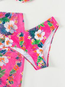 熱帶印花露背夏季沙灘比基尼套裝，搭配沙灘短裙 - 玫紅色 - 查看 3