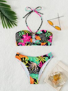 SHEIN Swim Bộ bikini dây in họa tiết nhiệt đới đi biển mùa hè - Nhiều màu - Xem 5