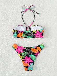 SHEIN Swim Bộ bikini dây in họa tiết nhiệt đới đi biển mùa hè - Nhiều màu - Xem 6
