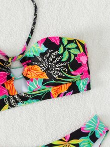 SHEIN Swim Bộ bikini dây in họa tiết nhiệt đới đi biển mùa hè - Nhiều màu - Xem 7