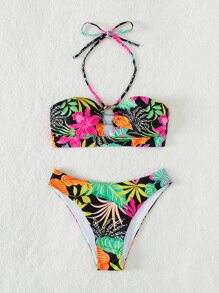SHEIN Swim Bộ bikini dây in họa tiết nhiệt đới đi biển mùa hè - Nhiều màu - Xem 4