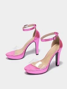 女士透明帶蛇皮壓花踝帶涼鞋PVC細跟高跟涼鞋粉色 - 玫紅色 - 查看 2