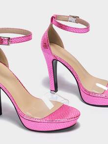 女士透明帶蛇皮壓花踝帶涼鞋PVC細跟高跟涼鞋粉色 - 玫紅色 - 查看 4