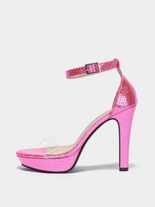 女士透明帶蛇皮壓花踝帶涼鞋PVC細跟高跟涼鞋粉色 - 玫紅色 - 查看 7