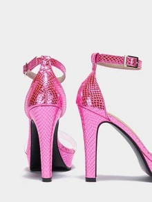 女士透明帶蛇皮壓花踝帶涼鞋PVC細跟高跟涼鞋粉色 - 玫紅色 - 查看 8