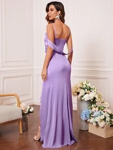 Cold Shoulder Wrap Hem Satin Bridesmaid Dress - Purple - View 2