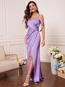 Cold Shoulder Wrap Hem Satin Bridesmaid Dress - Purple - View 3