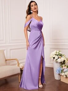 Cold Shoulder Wrap Hem Satin Bridesmaid Dress - Purple - View 4