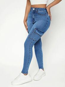 SHEIN PETITE Quần jean nữ Nút Túi Dây kéo màu trơn - Rửa trung bình - Xem 1