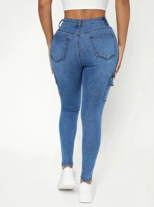 SHEIN PETITE Quần jean nữ Nút Túi Dây kéo màu trơn - Rửa trung bình - Xem 2