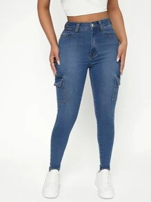 SHEIN PETITE Quần jean nữ Nút Túi Dây kéo màu trơn - Rửa tối - Xem 4