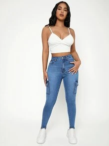 SHEIN PETITE Quần jean nữ Nút Túi Dây kéo màu trơn - Rửa trung bình - Xem 3