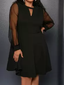 SHEIN CURVE+ Plus Contrast Mesh Keyhole Neckline Dress - Black - View 1