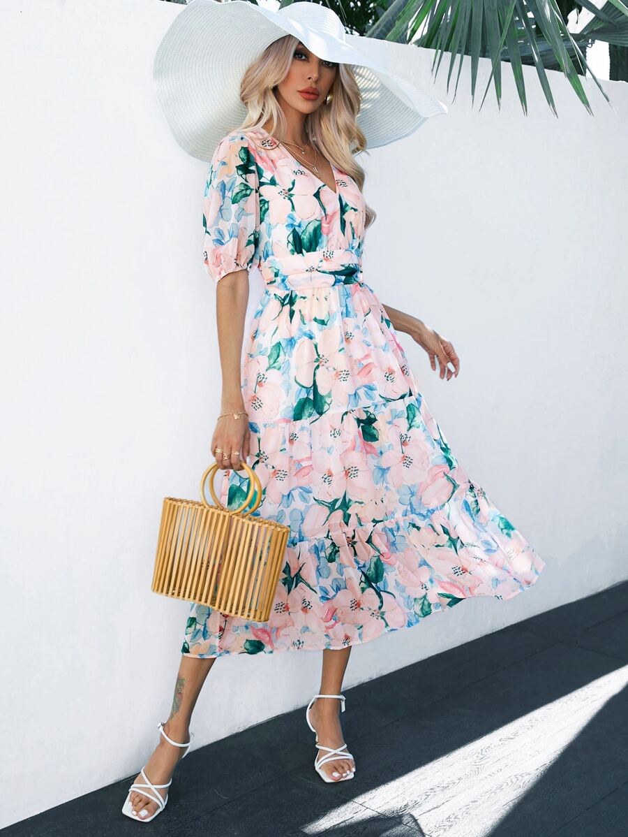 SHEIN VCAY Vestido con estampado floral de manga farol bajo con fruncido - Multicolor - Ver 1