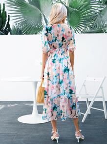 SHEIN VCAY Vestido con estampado floral de manga farol bajo con fruncido - Multicolor - Ver 2
