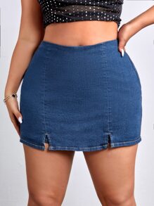 SHEIN SXY Plus Split Hem Denim Skort - Dark Wash - View 1