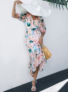 SHEIN VCAY Vestido con estampado floral de manga farol bajo con fruncido - Multicolor - Ver 3