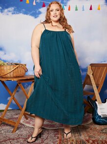 SHEIN CURVE+ 大碼素色吊帶連衣裙 - 水鴨藍 - 查看 7