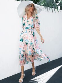 SHEIN VCAY Vestido con estampado floral de manga farol bajo con fruncido - Multicolor - Ver 4