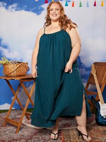 SHEIN CURVE+ 大碼素色吊帶連衣裙 - 水鴨藍 - 查看 3