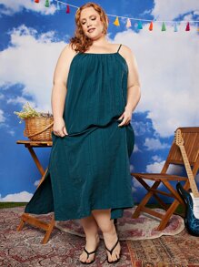 SHEIN CURVE+ 大碼素色吊帶連衣裙 - 水鴨藍 - 查看 6