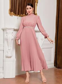 Mulvari Đầm Tương phản ren Xếp li màu trơn Thanh lịch - Hồng - Xem 3