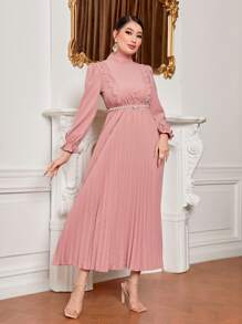 Mulvari Đầm Tương phản ren Xếp li màu trơn Thanh lịch - Hồng - Xem 4